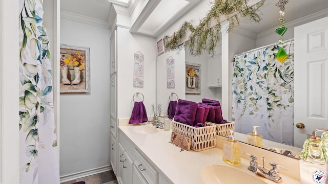 201 Larkspur Ln, Wake Village, TX 75501 - full bath featuring crown molding, double vanity, and a shower with shower curtain