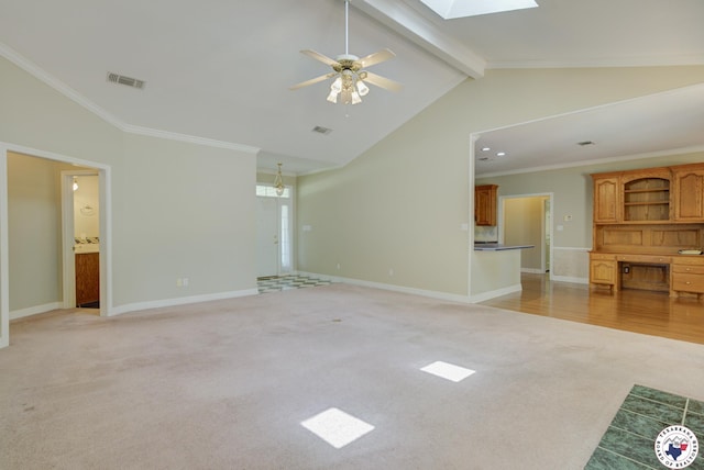 6903 Cherrybark Cir, Texarkana, AR 71854 - unfurnished living room with light carpet, ceiling fan, ornamental molding, and a skylight