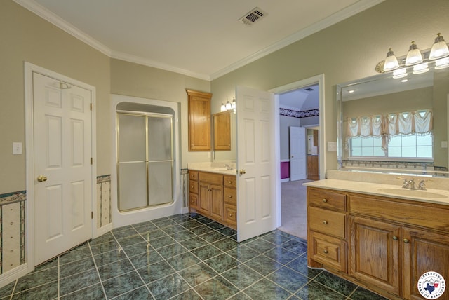 6903 Cherrybark Cir, Texarkana, AR 71854 - full bath featuring crown molding, a shower stall, two vanities, and tile patterned flooring