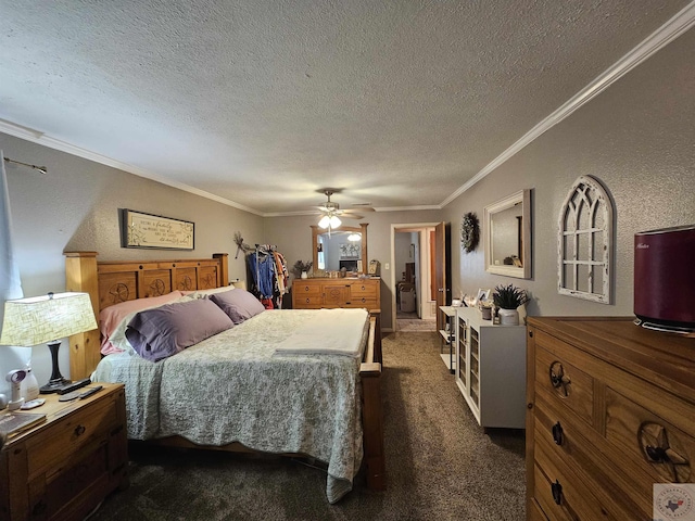 carpeted bedroom with crown molding, a textured ceiling, and ceiling fan