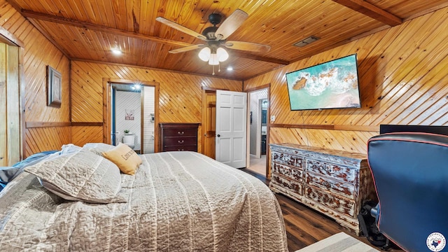 bedroom featuring visible vents, wood walls, wood ceiling, and wood finished floors