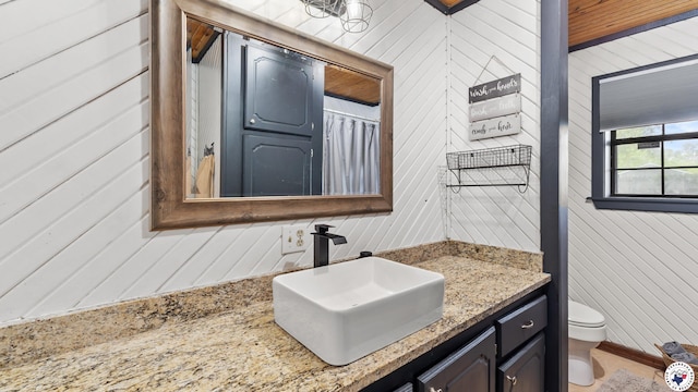bathroom with toilet, wood walls, and vanity