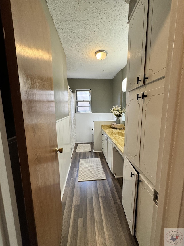 bathroom with hardwood / wood-style floors, vanity, and a textured ceiling