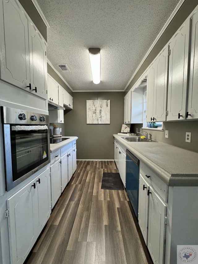 kitchen with a textured ceiling, white cabinets, appliances with stainless steel finishes, dark wood-type flooring, and sink