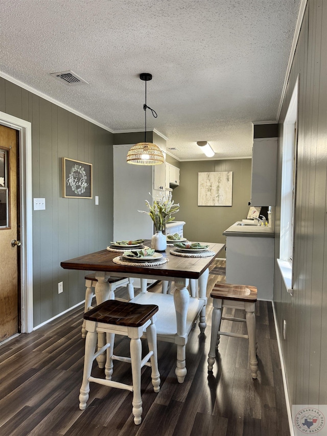 dining room with crown molding, dark hardwood / wood-style flooring, and a textured ceiling