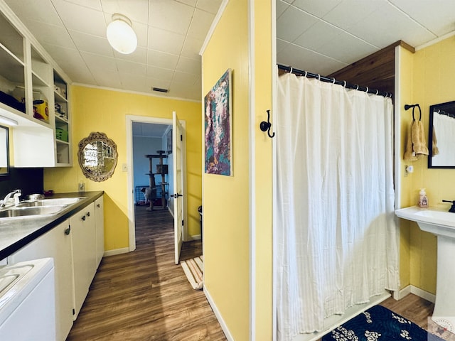 interior space with white cabinetry, sink, dark wood-type flooring, and ornamental molding