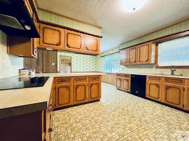 kitchen featuring kitchen peninsula, sink, exhaust hood, a textured ceiling, and black appliances