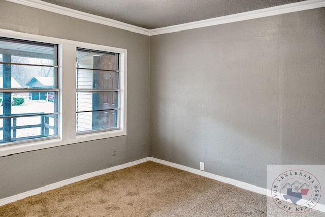 carpeted empty room with ornamental molding and baseboards