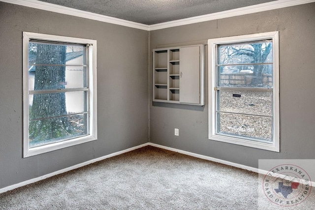 carpeted spare room with baseboards, ornamental molding, and a textured ceiling