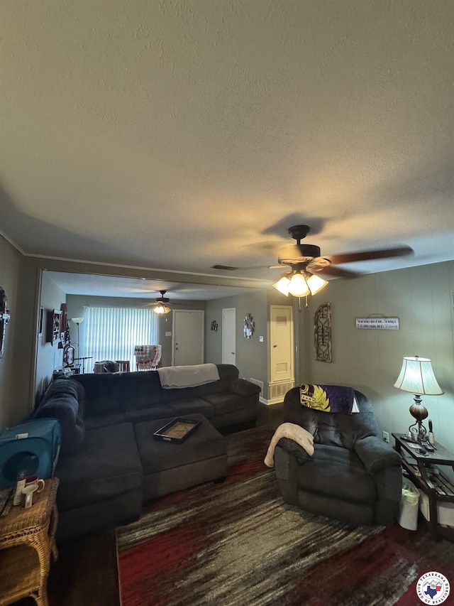 310 W Greenfield Dr, Wake Village, TX 75501 - living room with ceiling fan and a textured ceiling