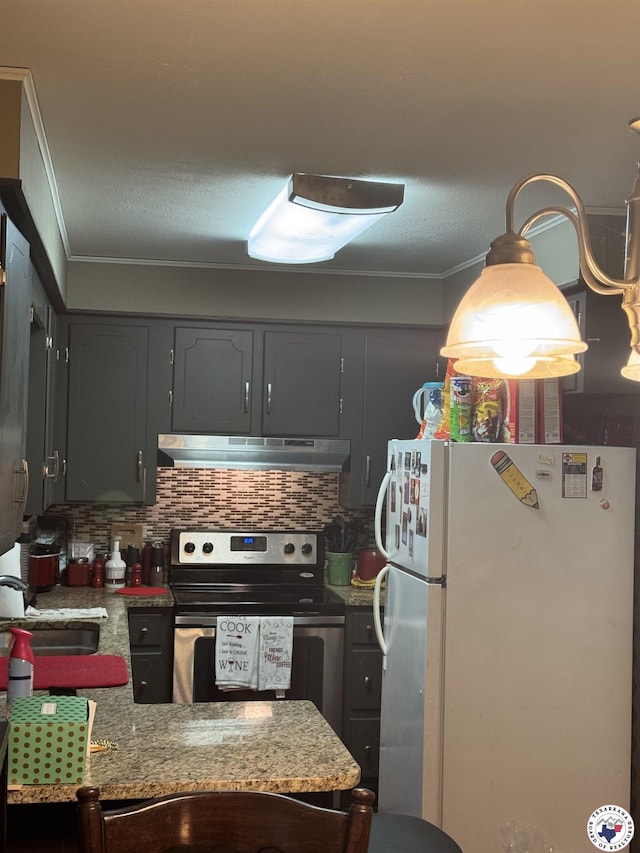 310 W Greenfield Dr, Wake Village, TX 75501 - kitchen featuring freestanding refrigerator, stainless steel range with electric cooktop, under cabinet range hood, ornamental molding, and a sink