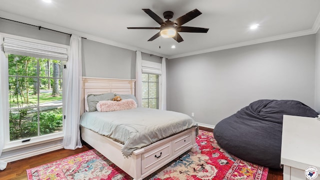 10 High Point Dr, Texarkana, TX 75503 - bedroom with ornamental molding, wood finished floors, recessed lighting, and ceiling fan