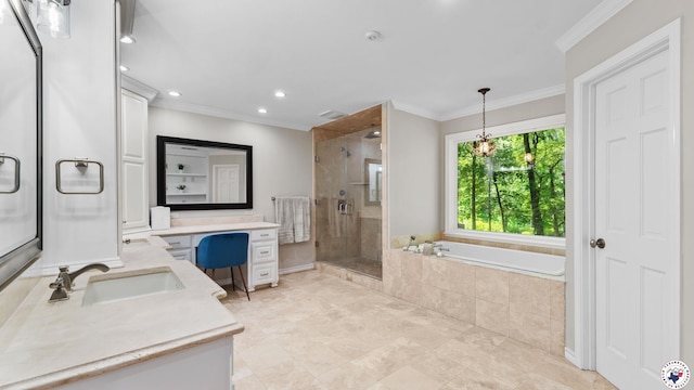 10 High Point Dr, Texarkana, TX 75503 - full bathroom with a shower stall, vanity, a garden tub, crown molding, and recessed lighting