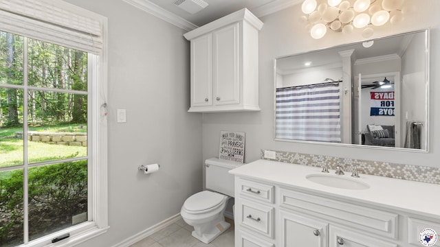10 High Point Dr, Texarkana, TX 75503 - bathroom featuring ornamental molding, vanity, tile patterned flooring, ceiling fan, and a shower with curtain