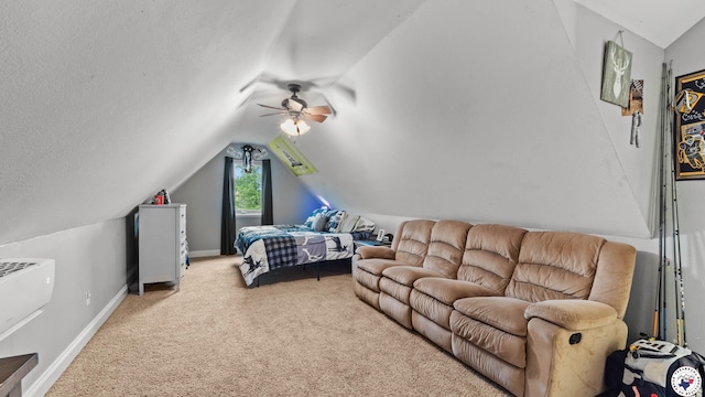bedroom with lofted ceiling, baseboards, a ceiling fan, and light colored carpet