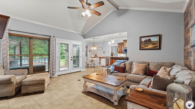 living room featuring a ceiling fan, high vaulted ceiling, beam ceiling, crown molding, and light tile patterned flooring