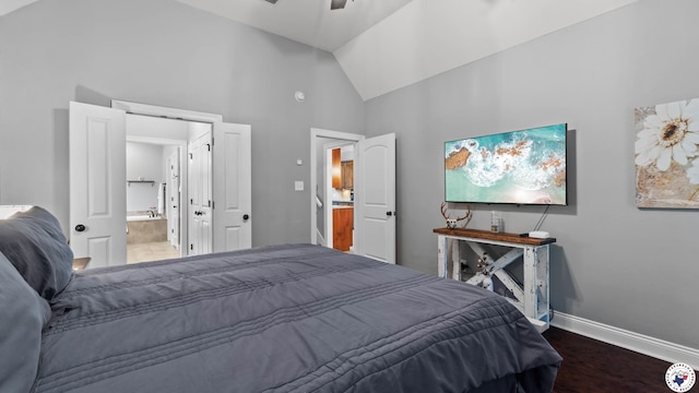 bedroom with connected bathroom, wood finished floors, a ceiling fan, high vaulted ceiling, and baseboards