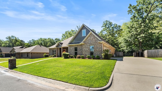 craftsman-style house featuring brick siding, fence, an attached garage, concrete driveway, and a front yard