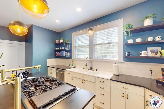 1203 Grand Ave, Texarkana, AR 71854 - kitchen featuring white cabinets, a sink, open shelves, and recessed lighting