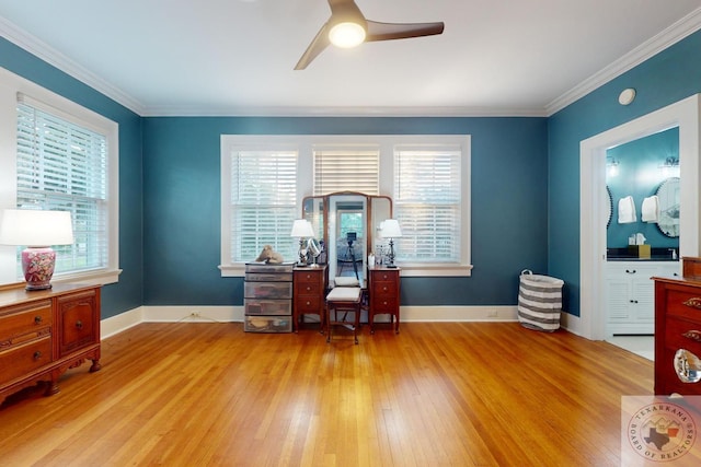 office featuring crown molding, light wood-type flooring, and ceiling fan