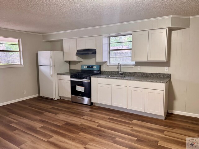 kitchen featuring a sink, freestanding refrigerator, dark wood finished floors, under cabinet range hood, and gas stove