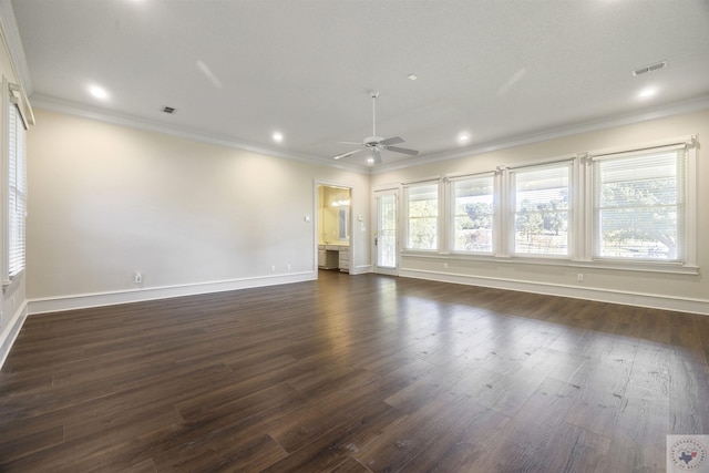 unfurnished living room featuring ornamental molding, visible vents, ceiling fan, and dark wood-type flooring