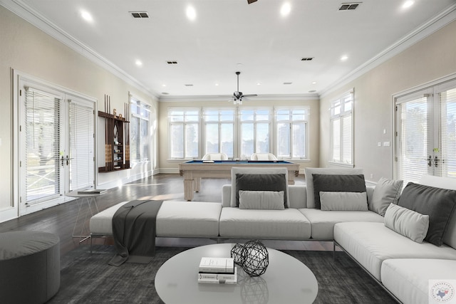 living room with ornamental molding, pool table, dark wood finished floors, and visible vents