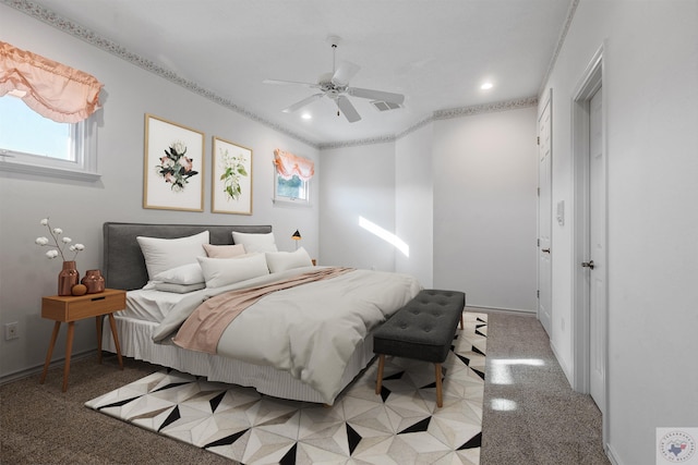 bedroom featuring ceiling fan, visible vents, baseboards, and recessed lighting