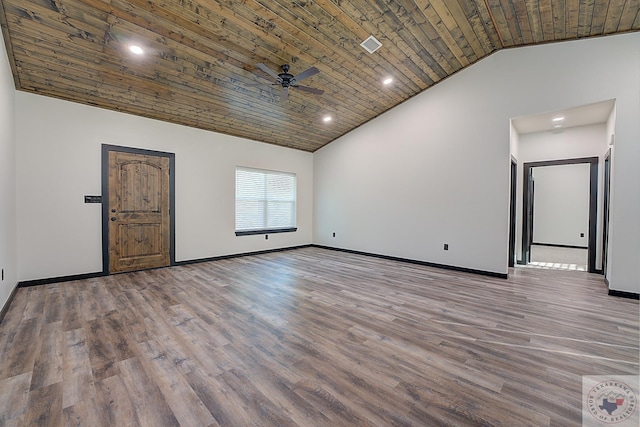 unfurnished room with ceiling fan, high vaulted ceiling, hardwood / wood-style floors, and wooden ceiling