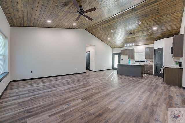 unfurnished living room with ceiling fan, dark hardwood / wood-style flooring, wooden ceiling, and high vaulted ceiling