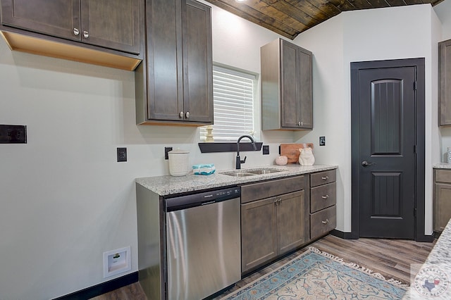 kitchen with wooden ceiling, sink, dark brown cabinetry, and dishwasher