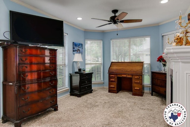 carpeted office with ornamental molding, baseboards, recessed lighting, and ceiling fan