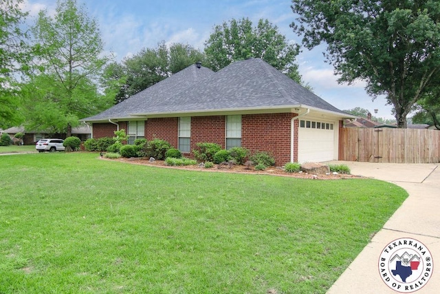 ranch-style house with a front lawn, driveway, fence, a garage, and brick siding