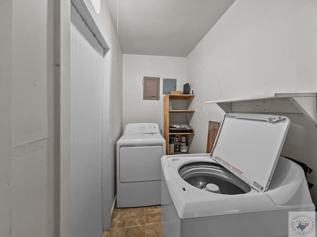 laundry room with electric panel and washing machine and dryer