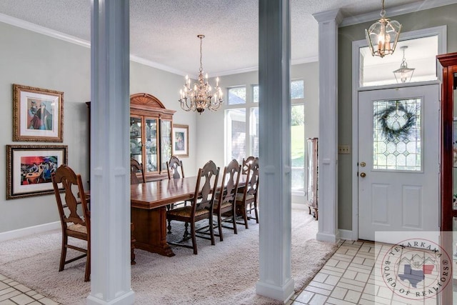 carpeted dining area with a notable chandelier, crown molding, and a textured ceiling