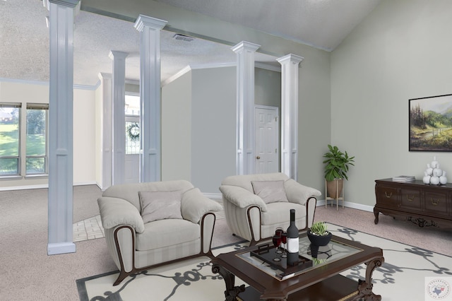 carpeted living room featuring decorative columns, ornamental molding, a textured ceiling, and lofted ceiling