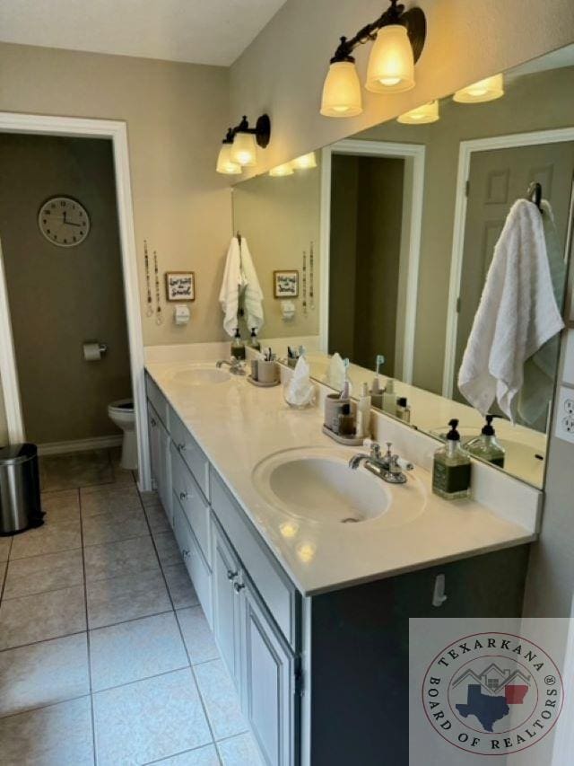 bathroom featuring toilet, tile patterned floors, and vanity