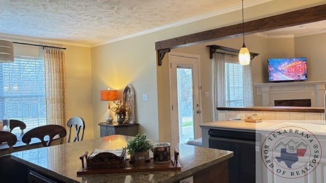 kitchen featuring pendant lighting, a textured ceiling, crown molding, and a healthy amount of sunlight