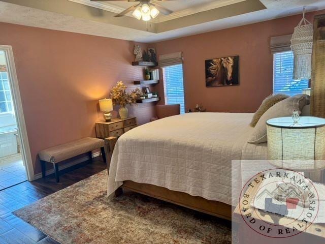 bedroom with ceiling fan, dark hardwood / wood-style flooring, multiple windows, a tray ceiling, and connected bathroom