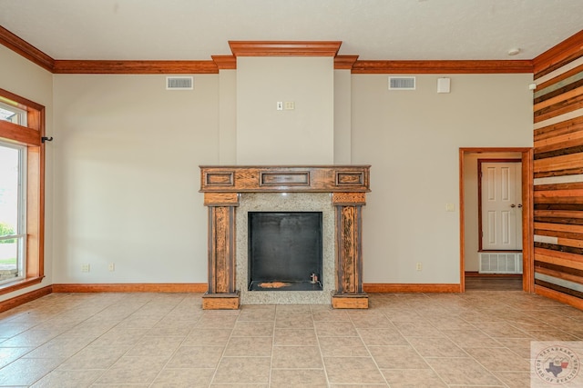 unfurnished living room with a fireplace, light tile patterned floors, and crown molding