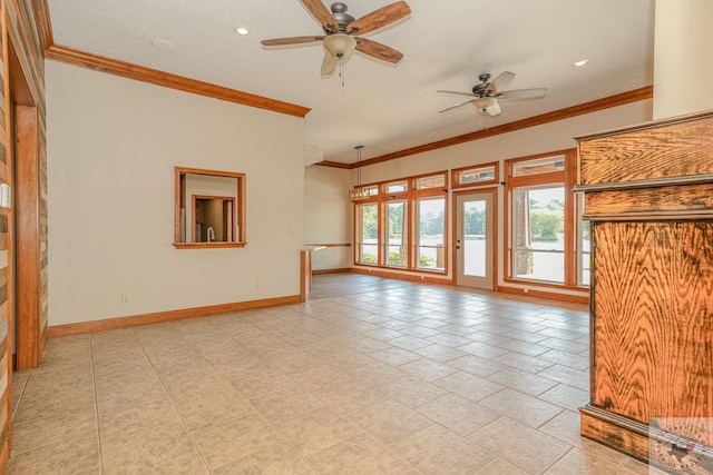 unfurnished living room with ceiling fan and crown molding