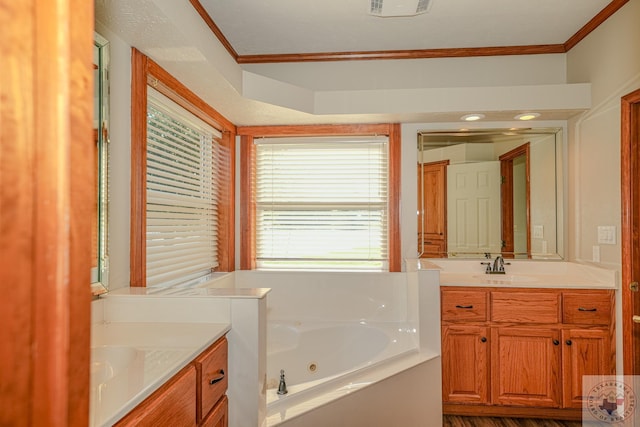 bathroom with crown molding, hardwood / wood-style floors, a bathtub, and vanity