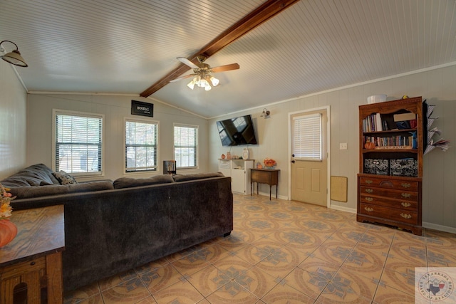 tiled living room featuring lofted ceiling with beams and ceiling fan