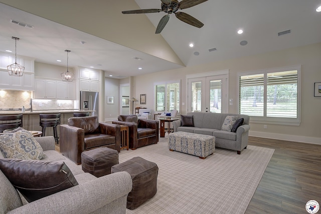 8907 River Ridge Drive, Texarkana, TX 75503 - living room featuring wood finished floors, ceiling fan, recessed lighting, baseboards, and vaulted ceiling