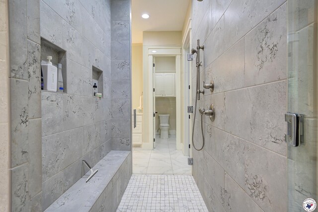 8907 River Ridge Drive, Texarkana, TX 75503 - full bathroom with a shower stall, toilet, marble finish floors, and recessed lighting