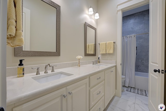 8907 River Ridge Drive, Texarkana, TX 75503 - full bathroom with marble finish floors, toilet, double vanity, and shower / tub combo with curtain