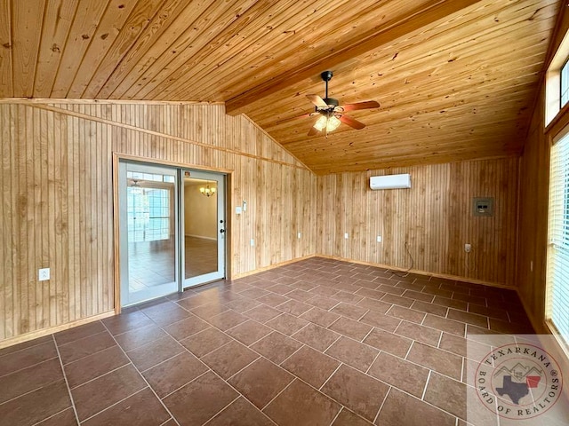 tiled spare room featuring wooden ceiling, wooden walls, vaulted ceiling with beams, and ceiling fan