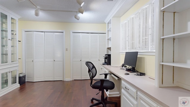 office space with a textured ceiling and dark wood finished floors