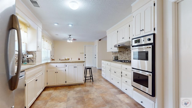 kitchen with a ceiling fan, under cabinet range hood, stainless steel appliances, a peninsula, and white cabinets