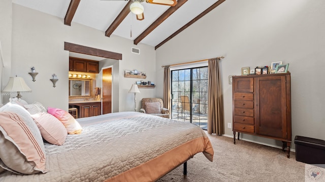 bedroom featuring light colored carpet, visible vents, a ceiling fan, high vaulted ceiling, and beamed ceiling